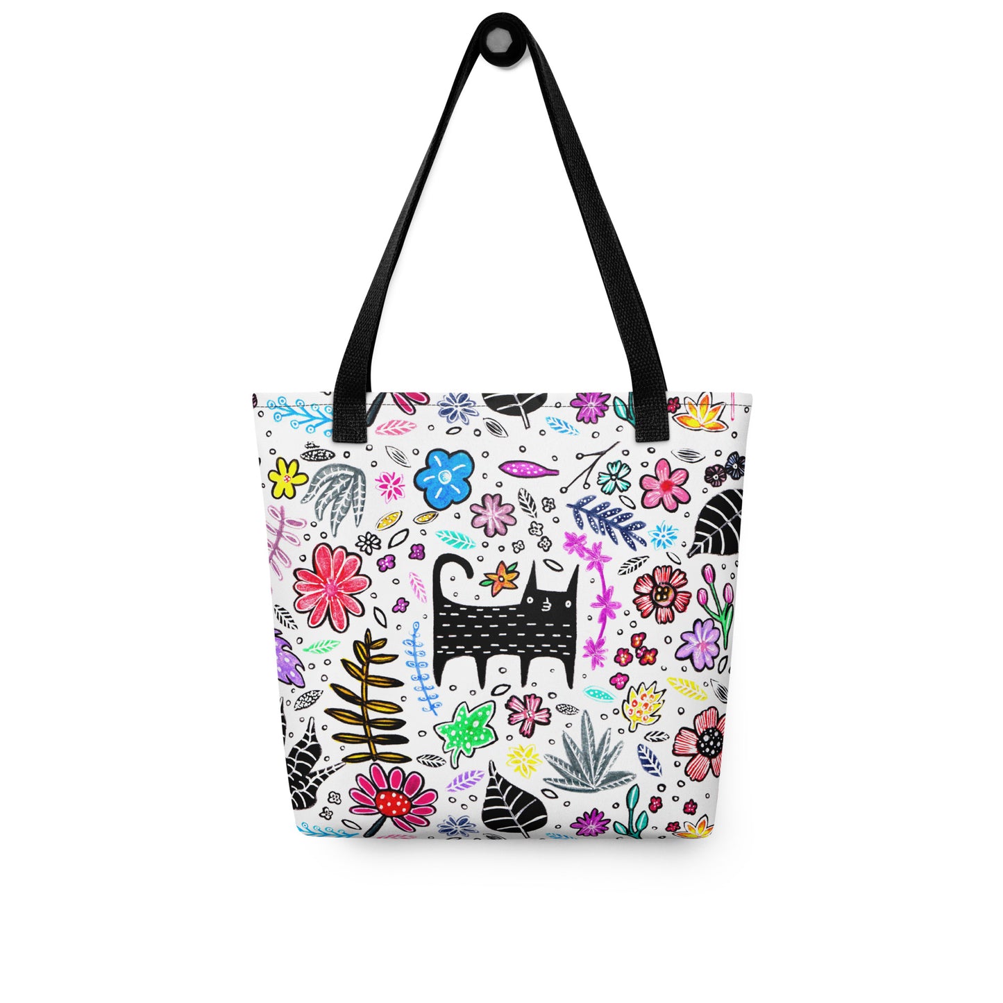 Black Cat and Flowers Tote Bag