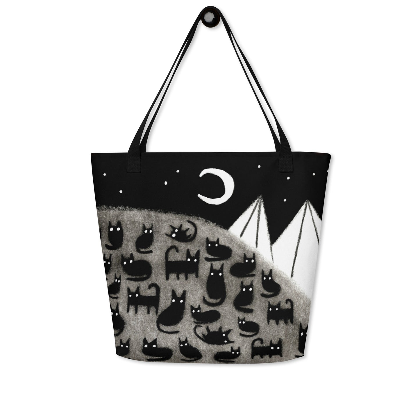 Black Cat Moon Tote Bag (Large Tote Bag with Pocket)