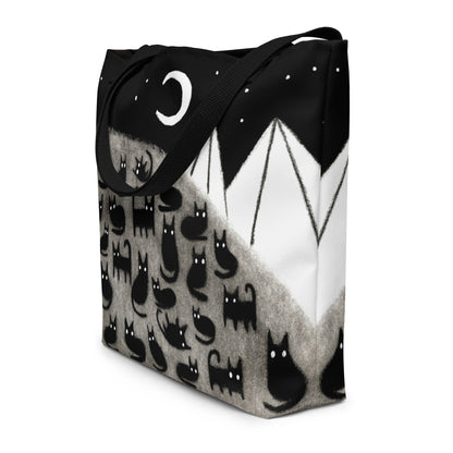 Black Cat Moon Tote Bag (Large Tote Bag with Pocket)