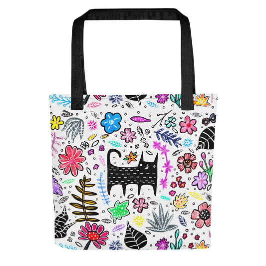 Black Cat and Flowers Tote Bag