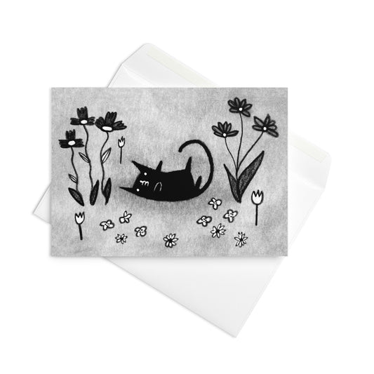 Black Cat in Bloom Greeting Card