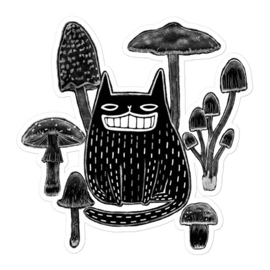 Black Cat and Mushrooms Sticker